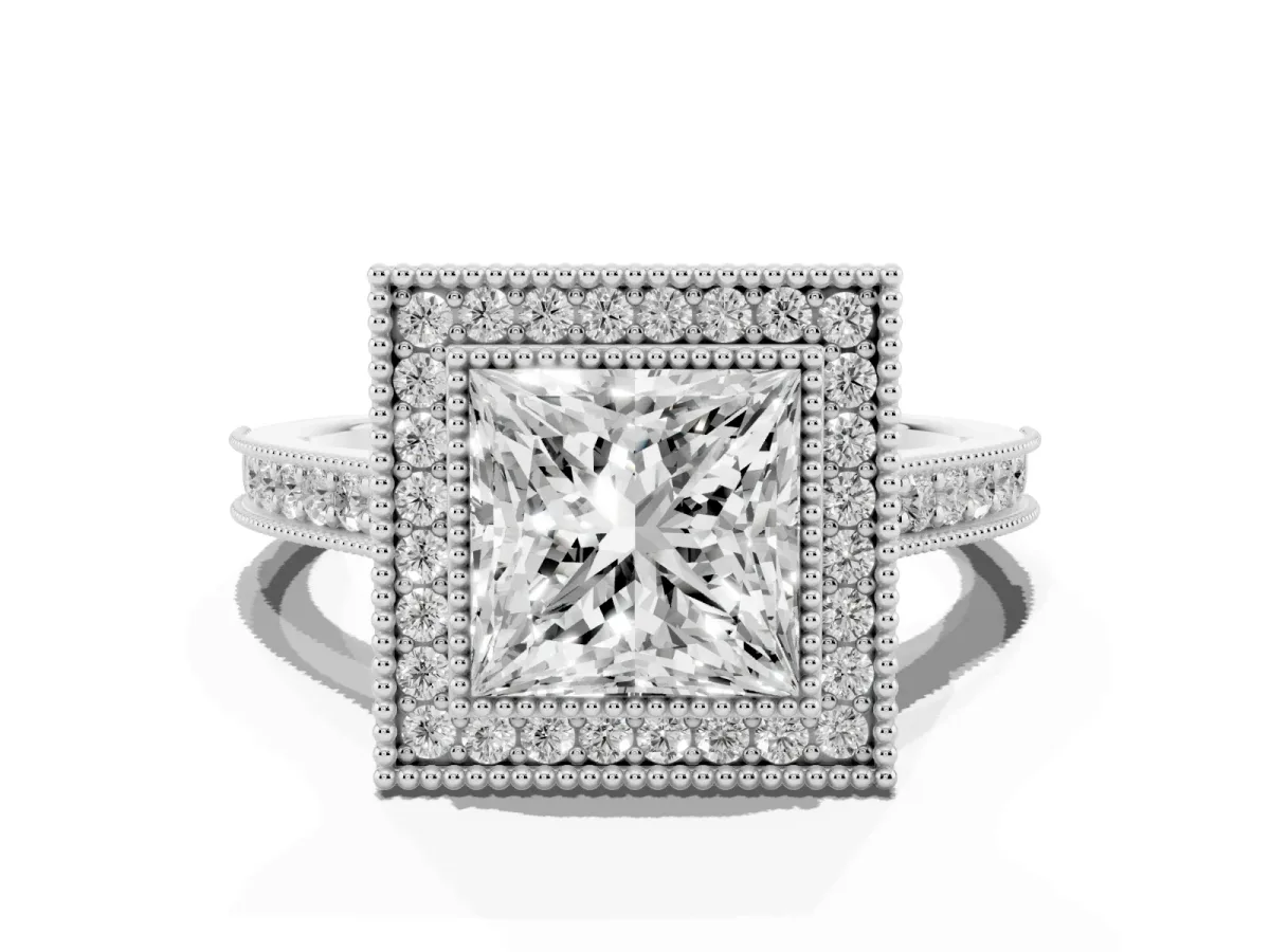 Halo Princess Cut-Cut Diamond Pave Band Milgrain Prong Setting Ring Silver