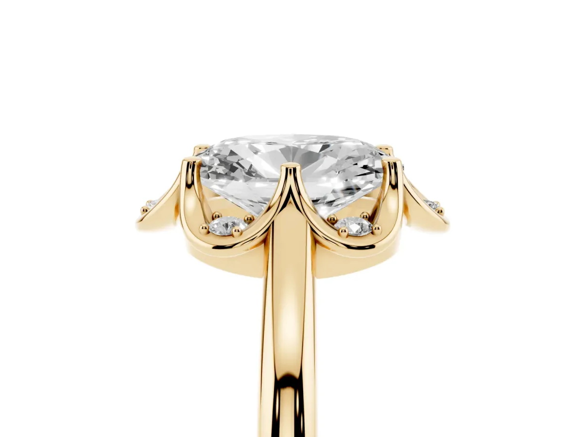 Oval Cut Halo Diamond Ring with Round Cluster Setting, Solitaire Band, and Four-Prong Setting Yellow gold