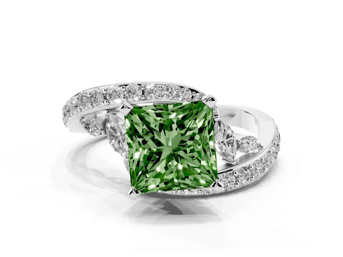 Fancy Green Princess Cut Solitaire with Pavé Twist Band and Four-Prong Setting Platinum
