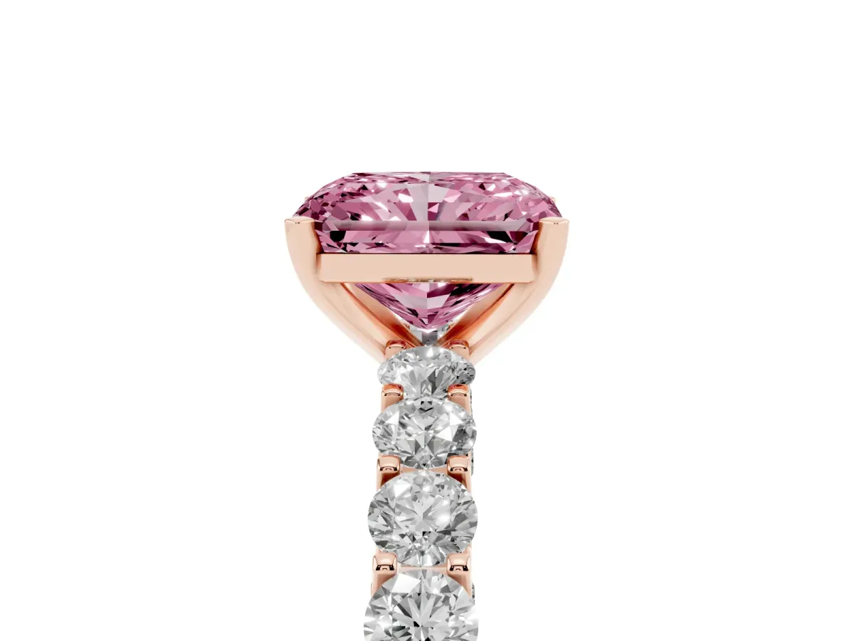 Fancy Pink Radiant Cut Diamond Solitaire Ring with Shared Prong Pavé Band and Four-Prong Setting Rose gold