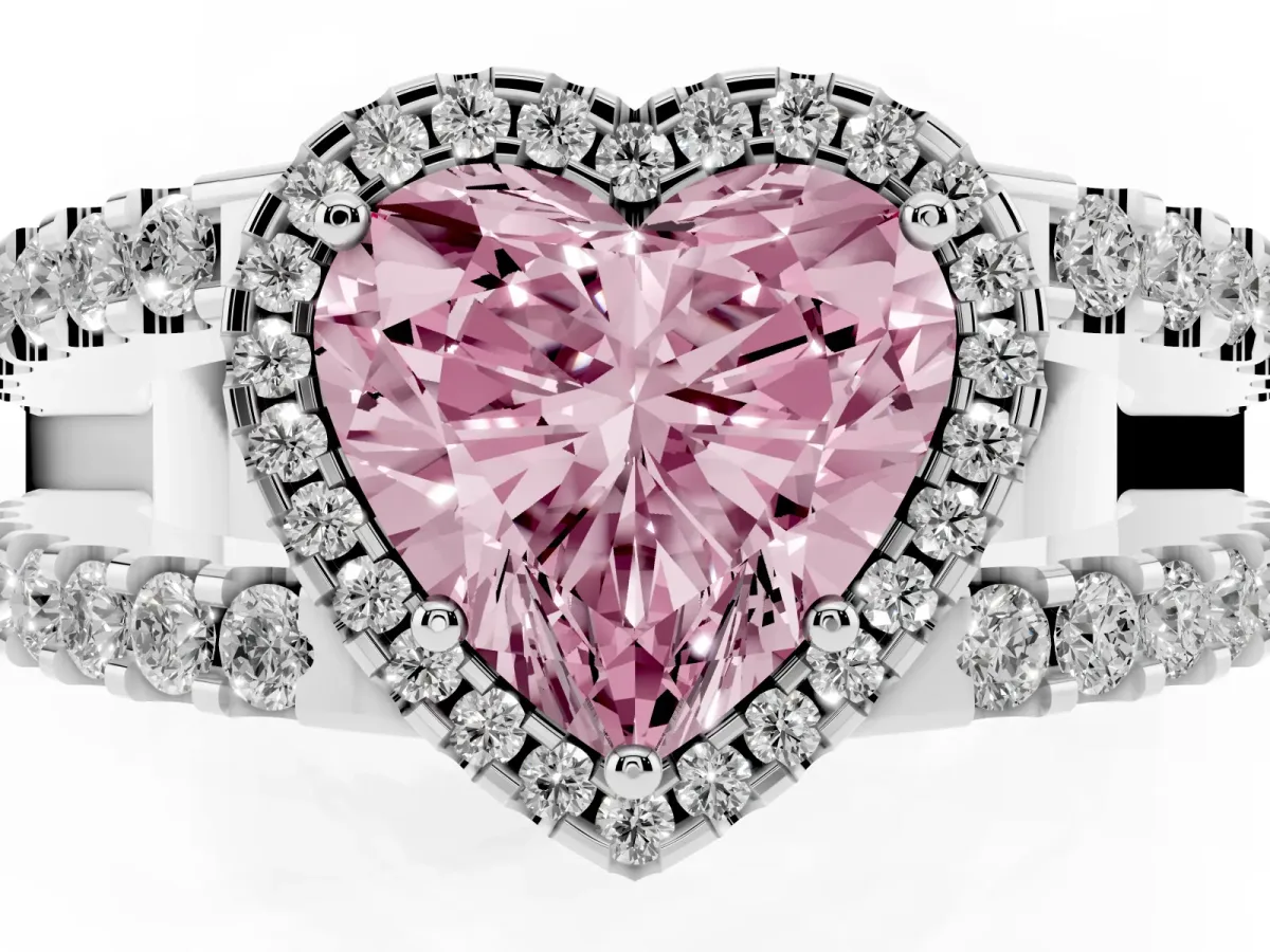 Fancy Pink Heart Cut Cut Halo Split Shank Diamond Ring with Four-Prong Setting Silver