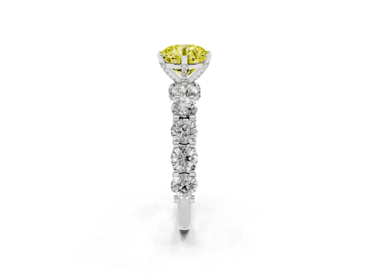 Fancy Yellow Round Cut Diamond Side Stone Engagement Ring with Four-Prong Setting Platinum