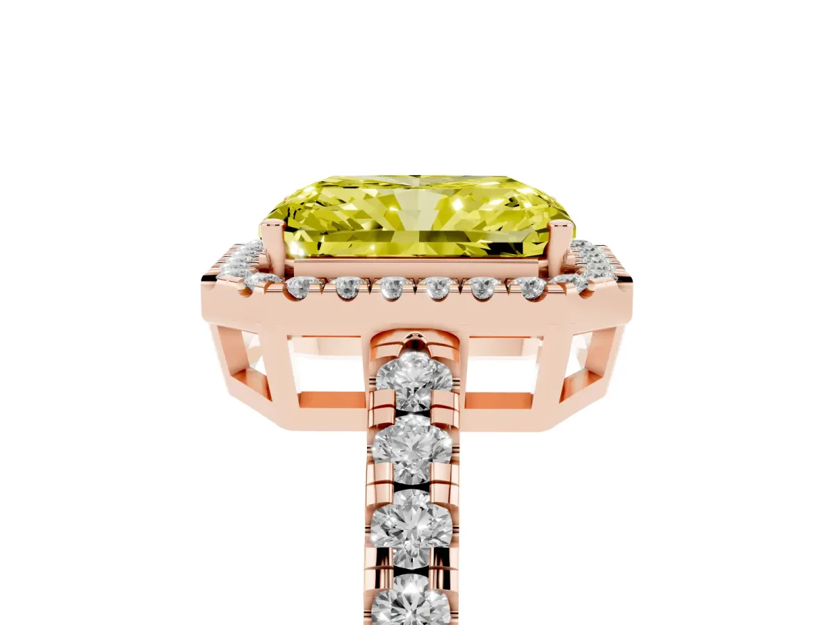 Fancy Yellow Radiant Cut Diamond Halo Ring with Pavé Band and Four-Prong Setting Rose gold