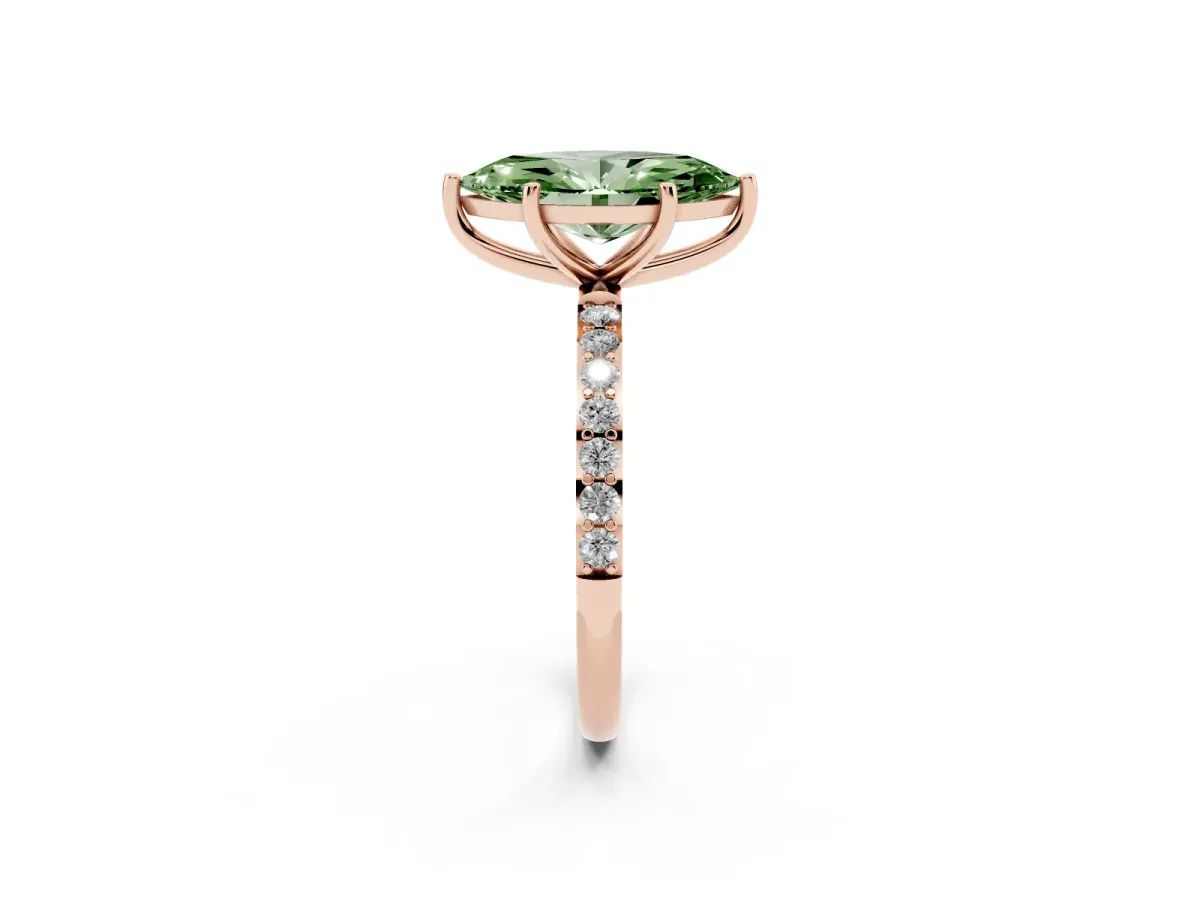 Fancy Green Marquise Cut Diamond Solitaire Ring with Round Pavé Shoulders and Prong Setting Rose gold