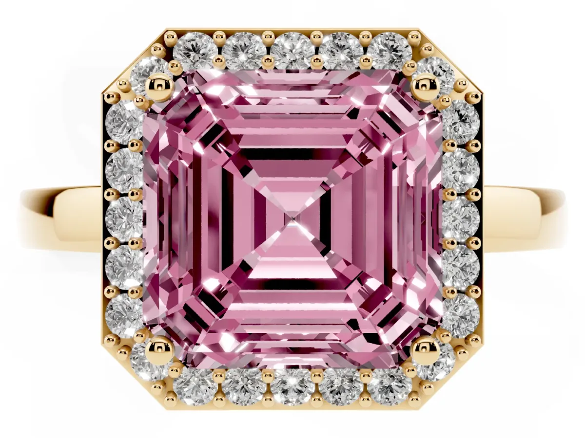 Fancy Pink Asscher Cut Halo Diamond Ring with Solitaire Band and Prong Setting Yellow gold