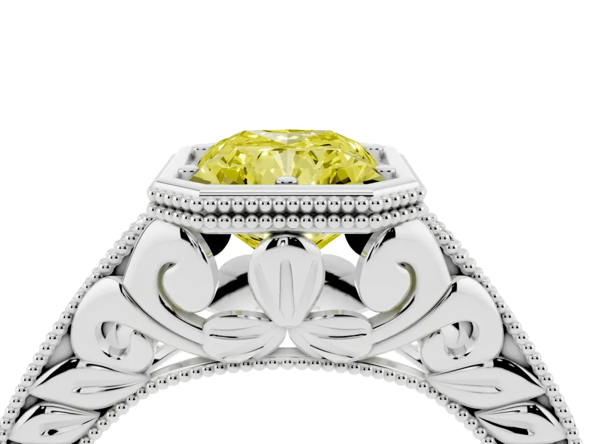 Fancy Yellow Bezel Set Radiant Cut Diamond Milgrain Pave Engagement Ring Silver