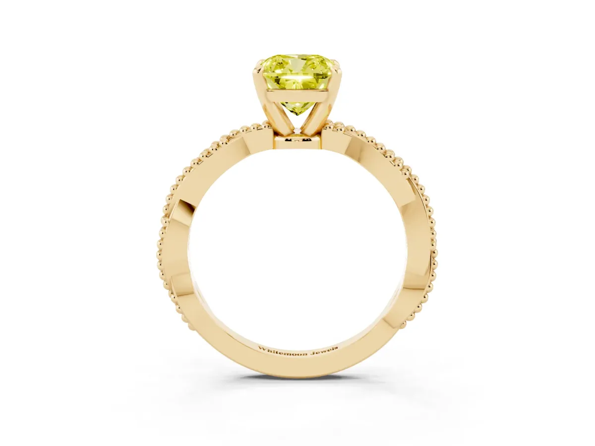 Fancy Yellow Cushion Cut Solitaire Twisted Band with Bead Prong Setting Yellow gold