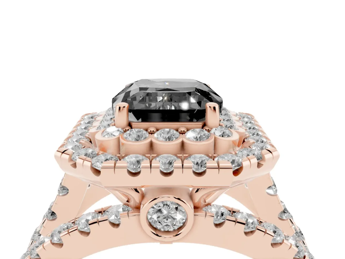 Fancy Black Emerald Cut Diamond Double Halo Ring with Round Pavé Split Shank and Prong Setting Rose gold