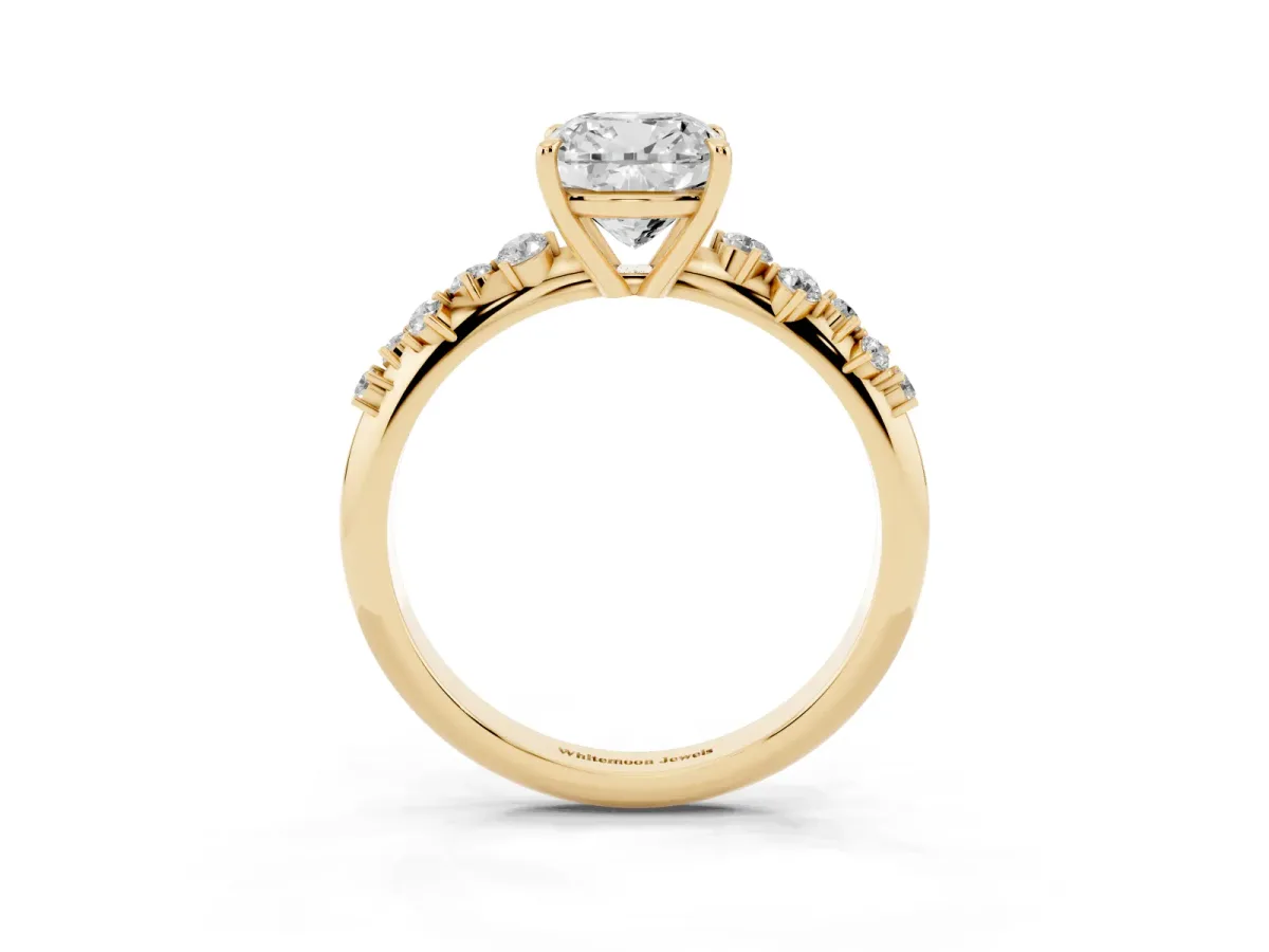 Cushion Cut Diamond Cluster Side Stone Solitaire Ring with Prong Setting Yellow gold