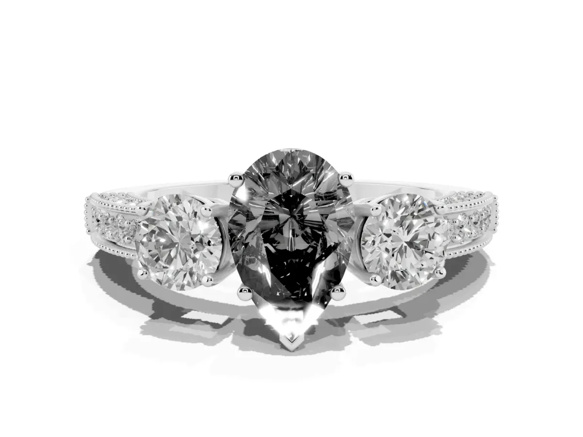 Fancy Black Pear Cut Three-Stone Diamond Ring with Pavé Band and Four-Prong Setting Platinum