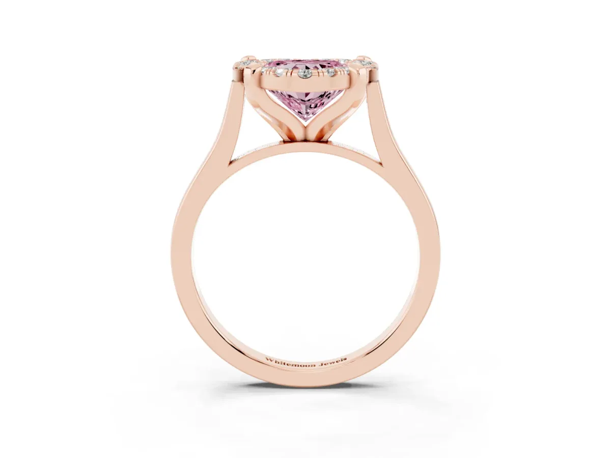 Fancy Pink Heart Cut Diamond Cluster Halo Solitaire with Four-Prong Setting Rose gold