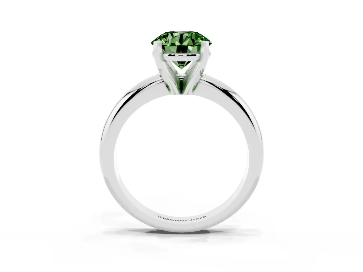 Fancy Green Round Cut Diamond Solitaire Engagement Ring with Round Band and Four-Prong Setting Platinum
