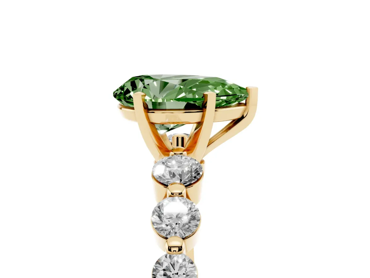 Fancy Green Pear Cut Solitaire Diamond Ring with Pave Band and Four-Prong Setting Yellow gold