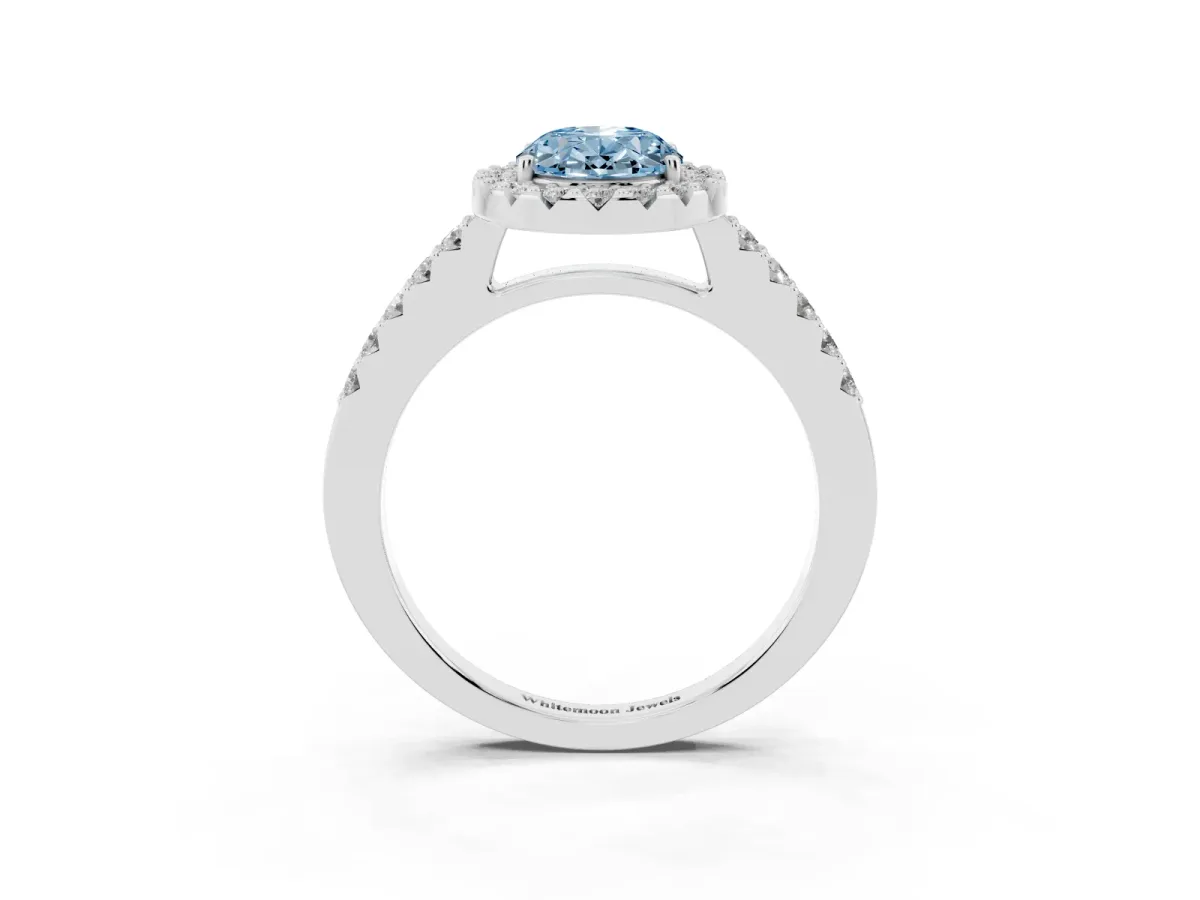 Fancy Blue Oval Cut Halo Diamond Pavé Solitaire Ring Platinum