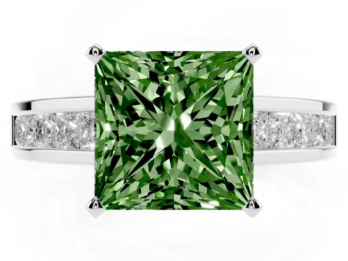 Fancy Green Princess Cut Solitaire Diamond Ring with Channel-Set Band and Four-Prong Setting Platinum