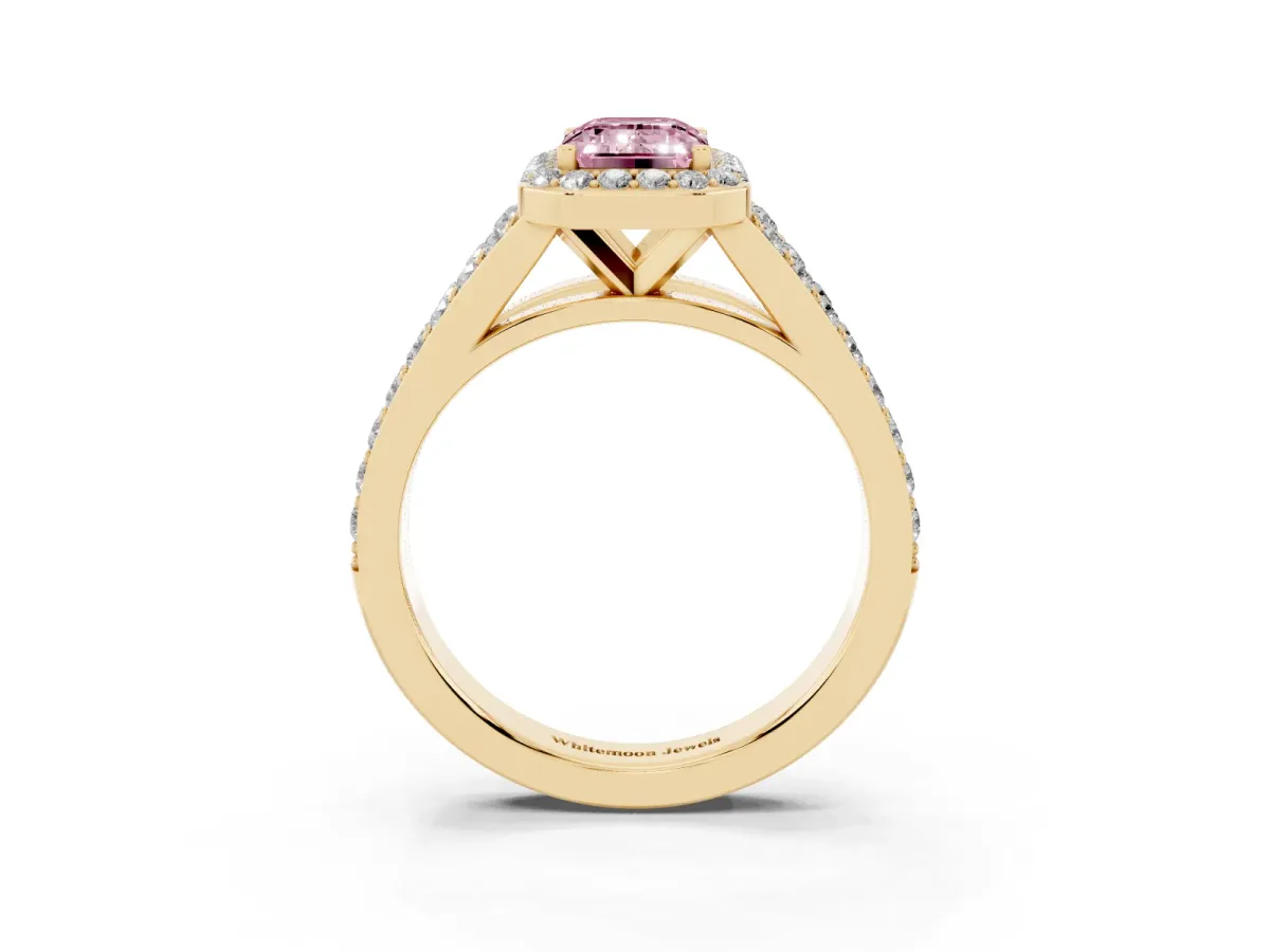 Fancy Pink Emerald Cut Diamond Split Shank Halo Ring with Four-Prong Setting Yellow gold