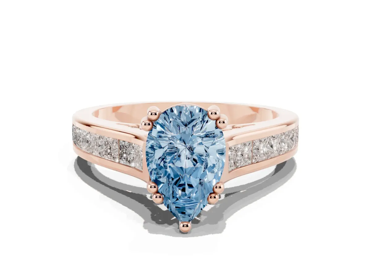Fancy Blue Pear Cut Cut Channel Set Solitaire Engagement Ring with Prong Setting Rose gold