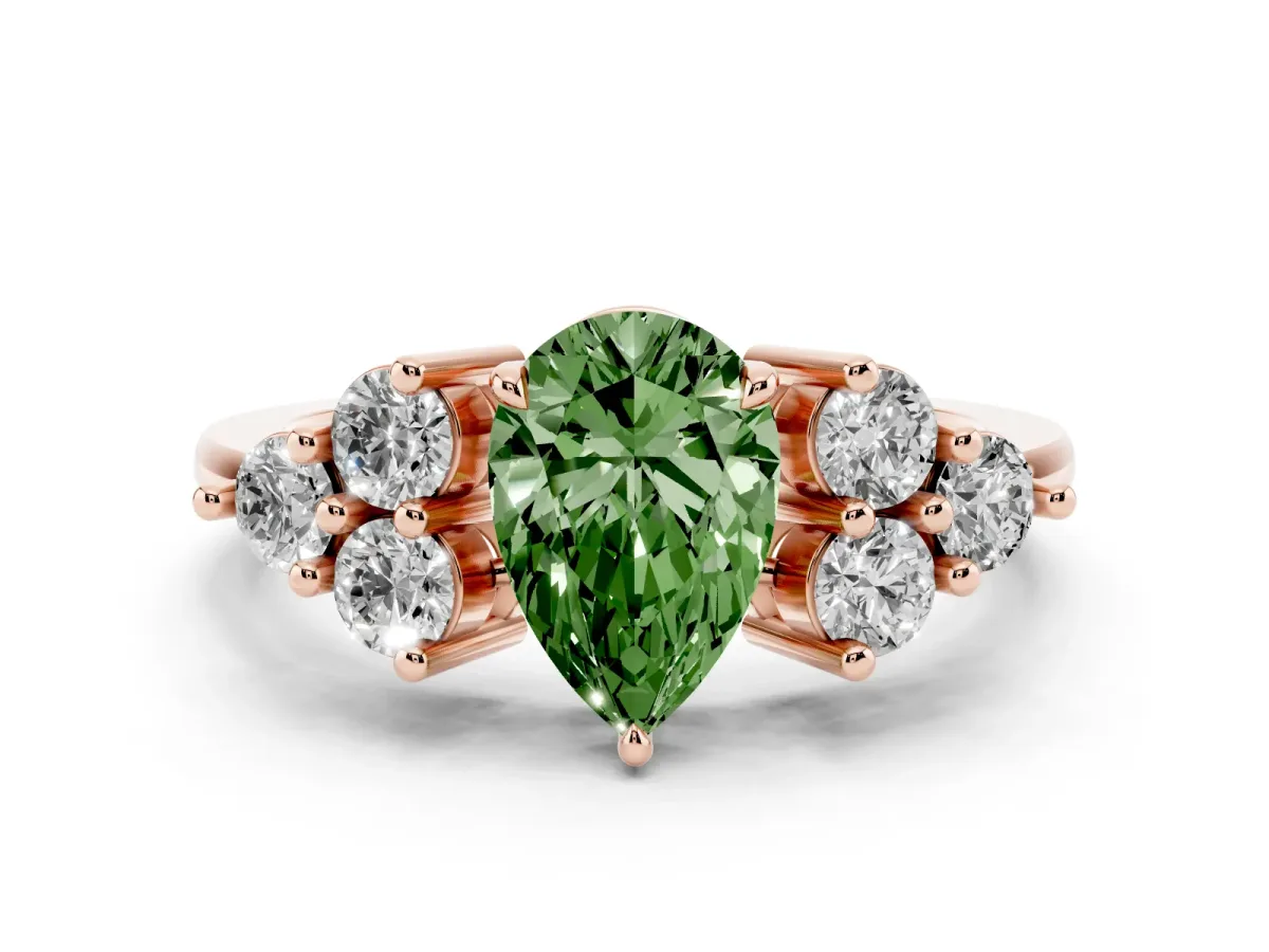 Fancy Green Pear Cut Brilliant Diamond Cluster Accent Solitaire Ring with Prong Setting Rose gold