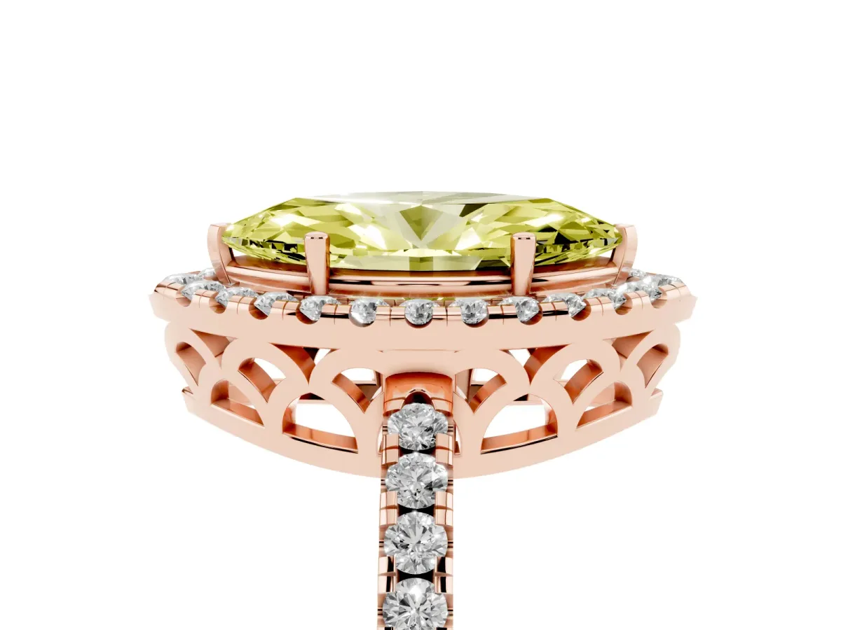 Fancy Yellow Marquise Cut Halo Diamond Engagement Ring with Pavé Band and Four-Prong Setting Rose gold