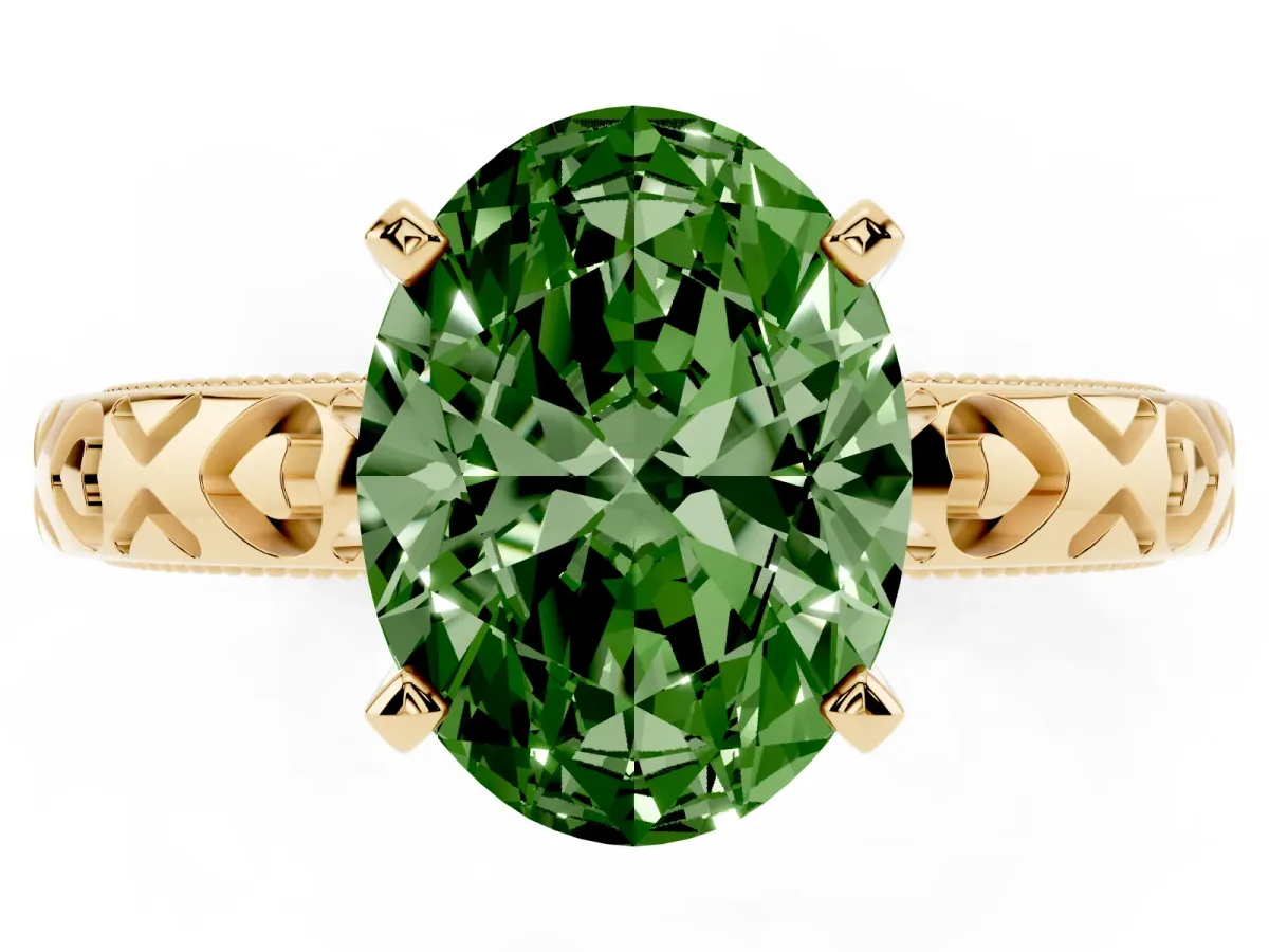 Fancy Green Oval Cut Solitaire Diamond Engagement Ring with XO Engraved Band and Four-Prong Setting Yellow gold