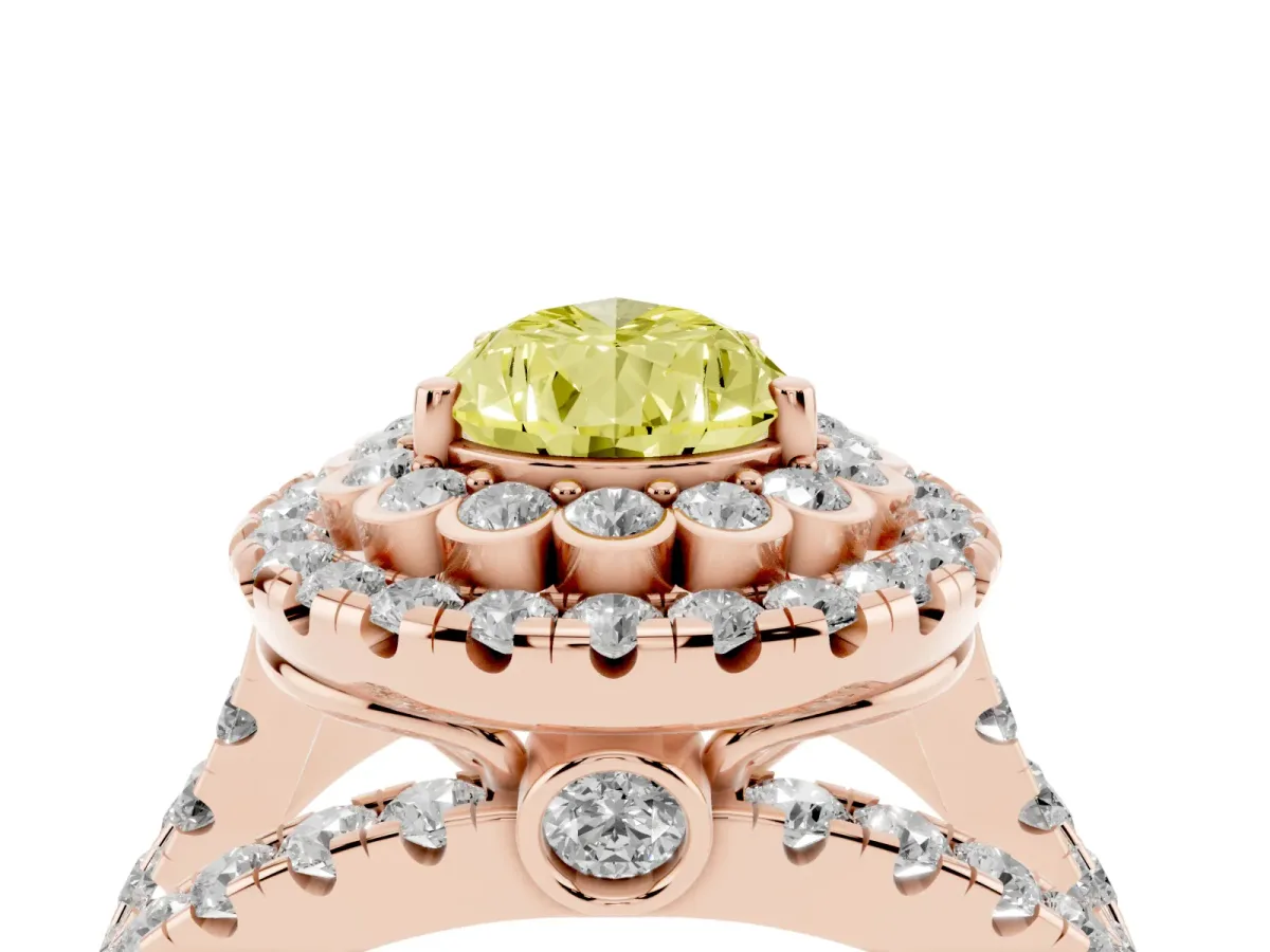 Fancy Yellow Pear Cut Diamond Double Halo Ring with Round Pavé Split Shank and Prong Setting Rose gold