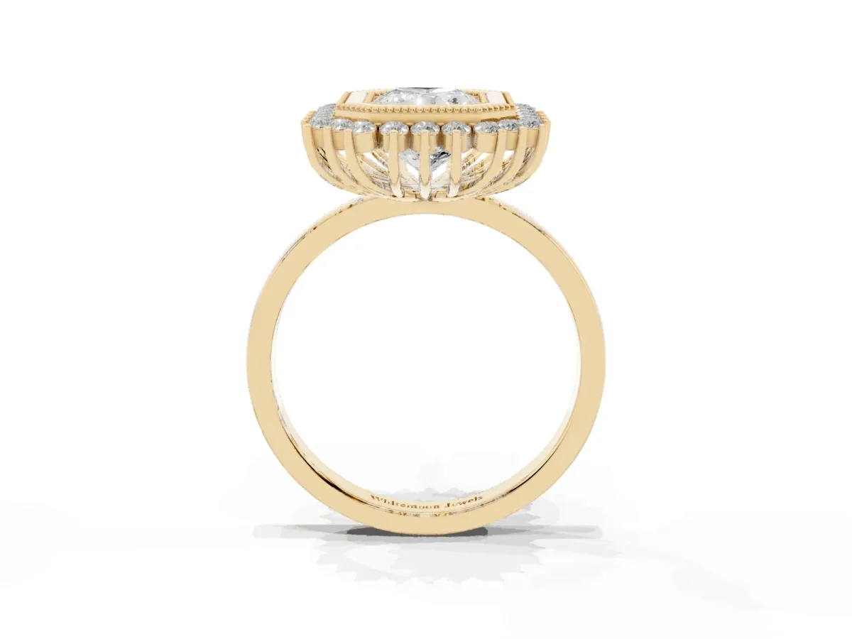 Radiant Cut Halo Diamond Ring with Milgrain Edge and Round Prong Setting Yellow gold