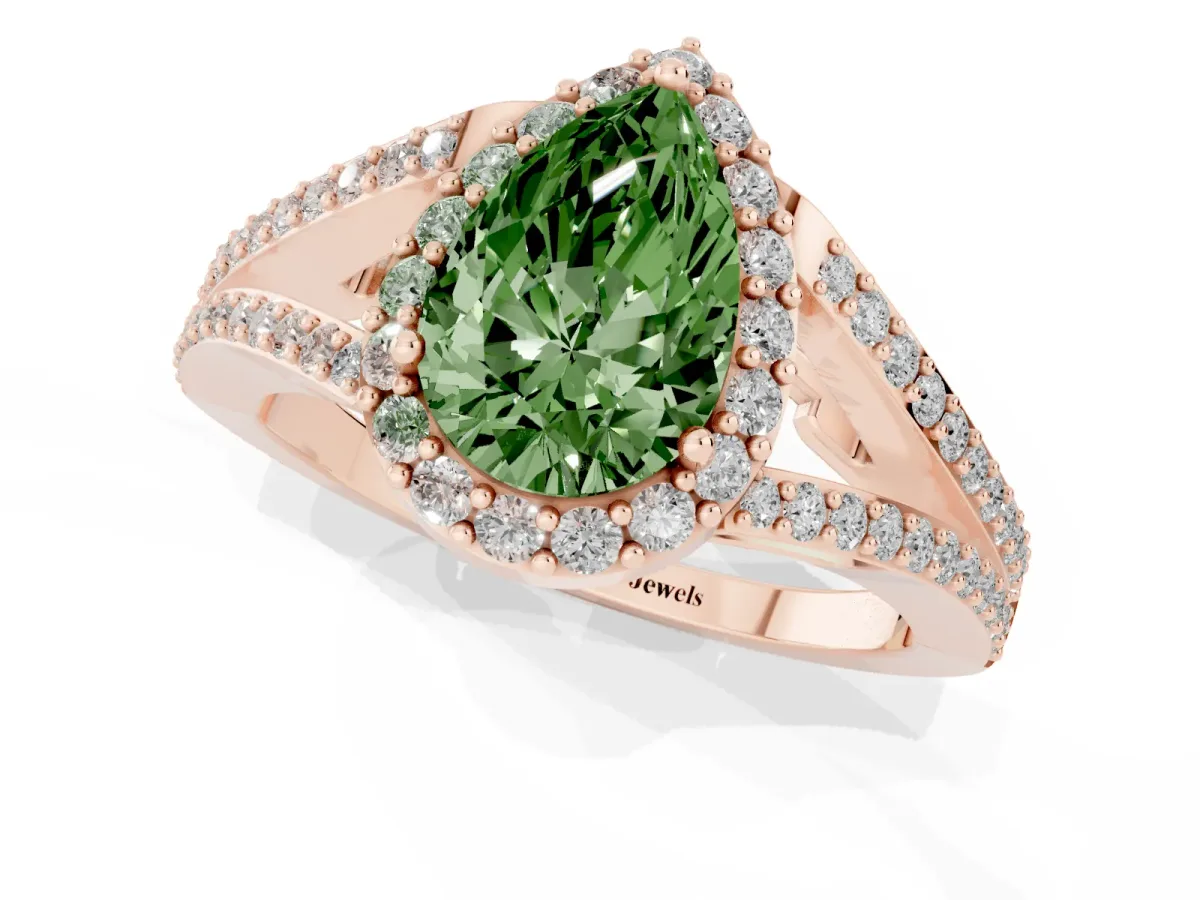 Fancy Green Pear Cut Halo Split Shank Diamond Ring with Prong Setting Rose gold