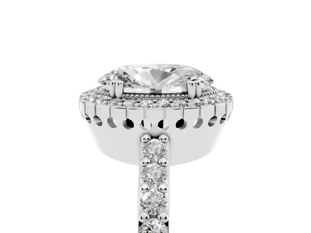Oval Cut Cut Diamond Halo Engagement Ring with Milgrain Detail and Pavé Band White gold
