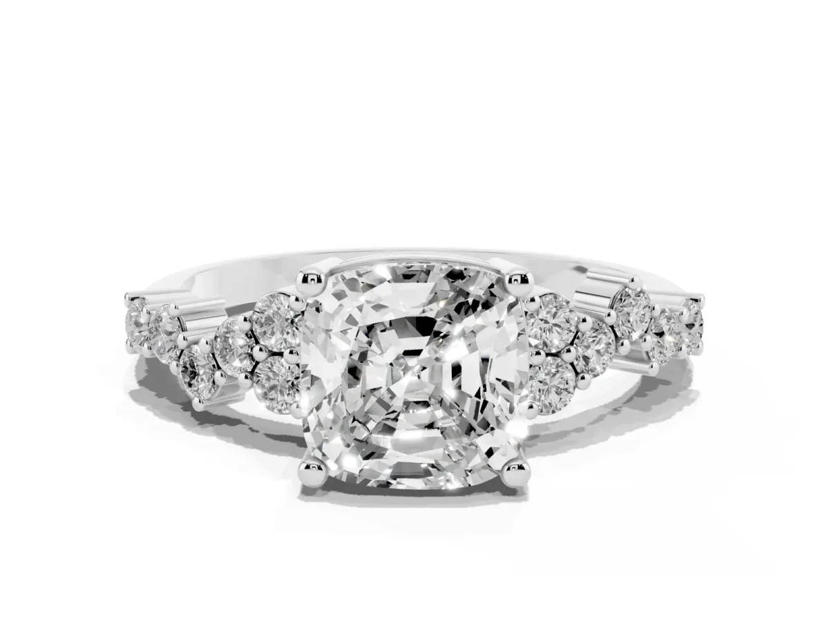 Cushion Cut Diamond Scattered Round Accent Ring with Prong Setting Silver