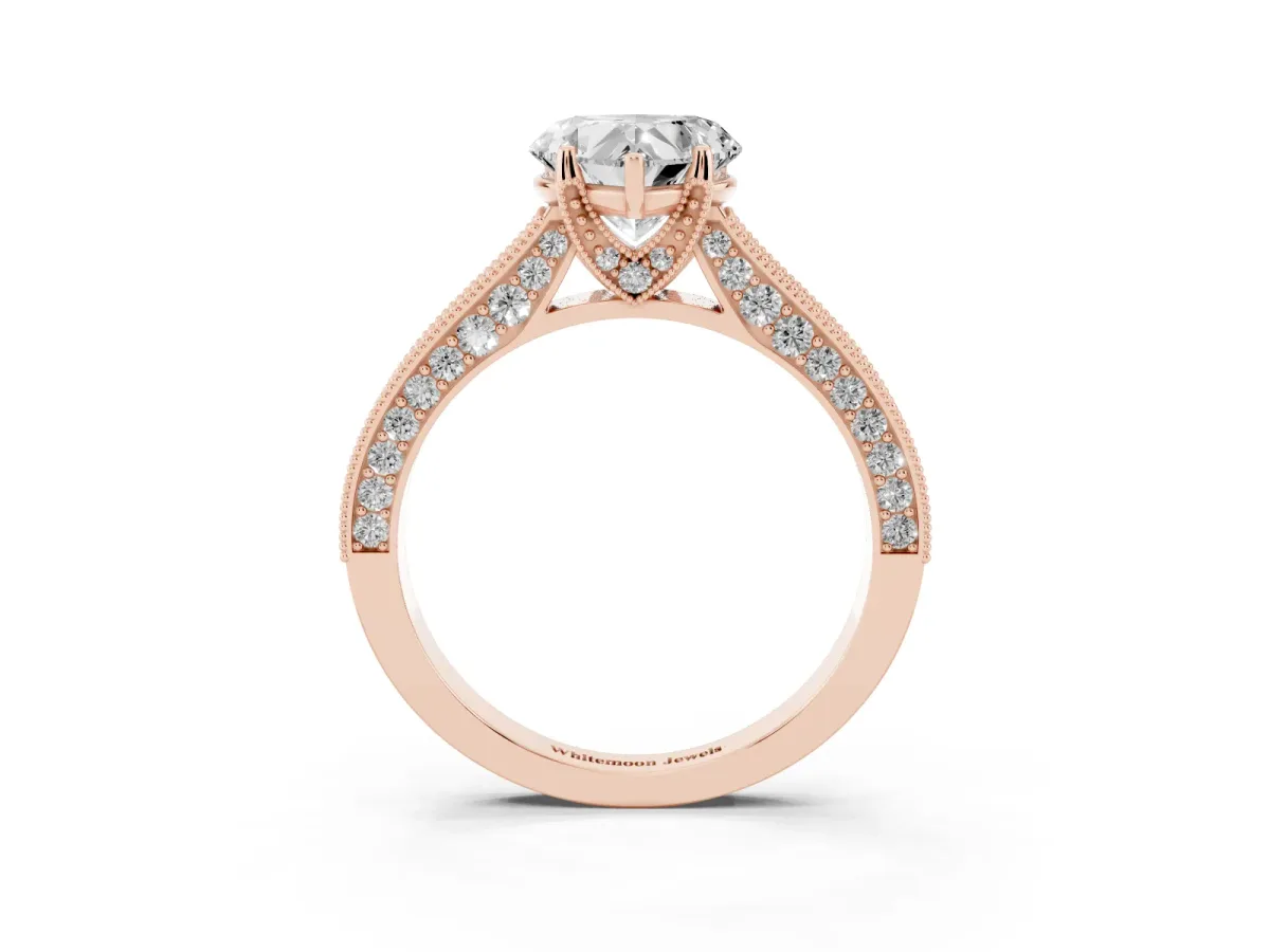 Heart Cut Cut Diamond Solitaire Ring with Milgrain Pave Band and Four Prong Setting Rose gold