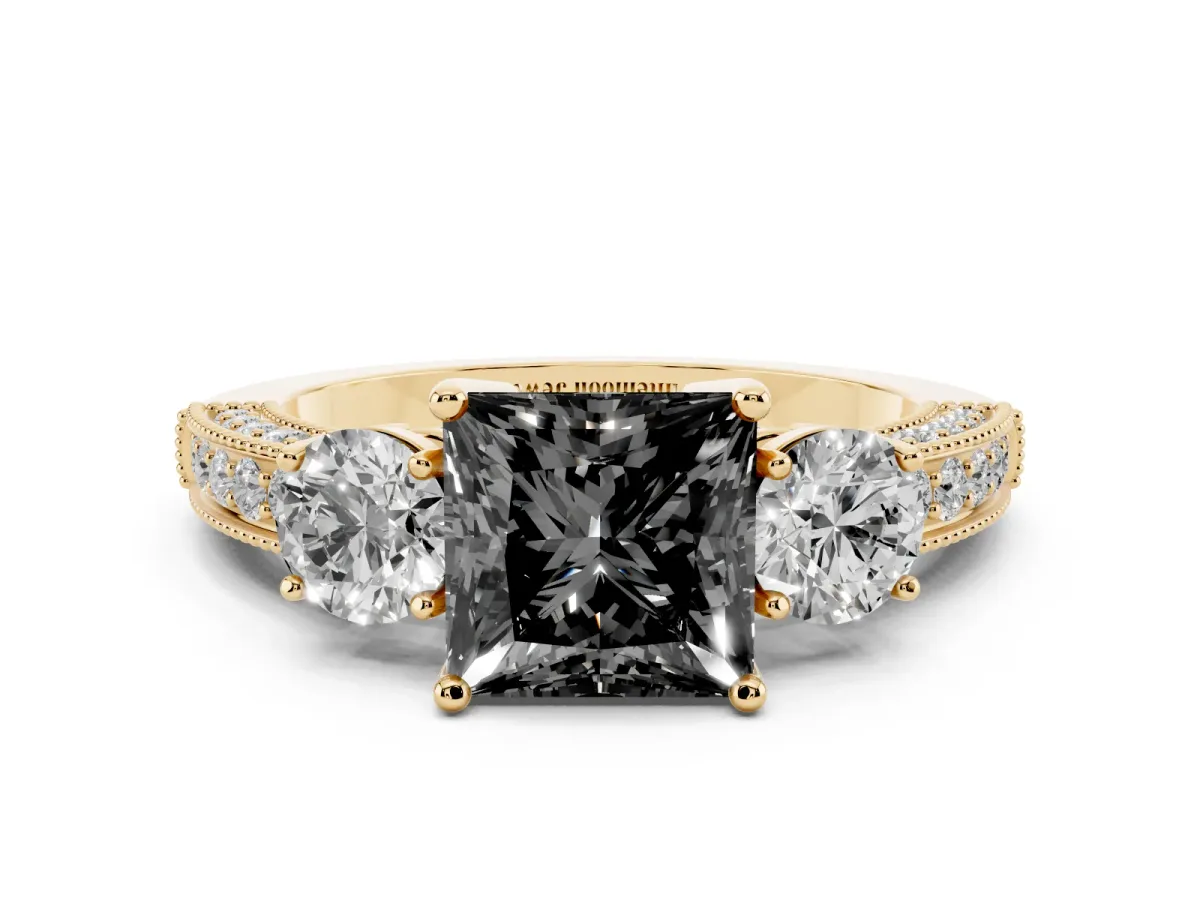 Fancy Black Princess Cut Three-Stone Diamond Ring with Pavé Band and Four-Prong Setting Yellow gold