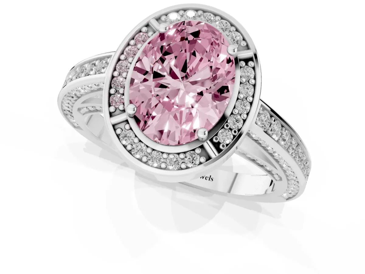 Fancy Pink Oval Cut Cut Halo Pave Split Shank Prong Setting Ring White gold