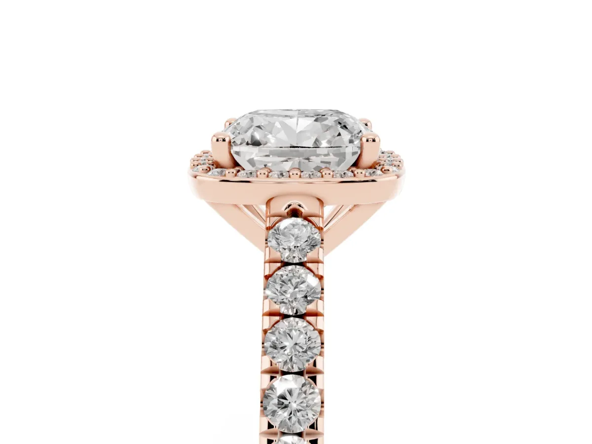 Cushion Cut Cut Halo Diamond Engagement Ring with Pave Band and Four-Prong Setting Rose gold