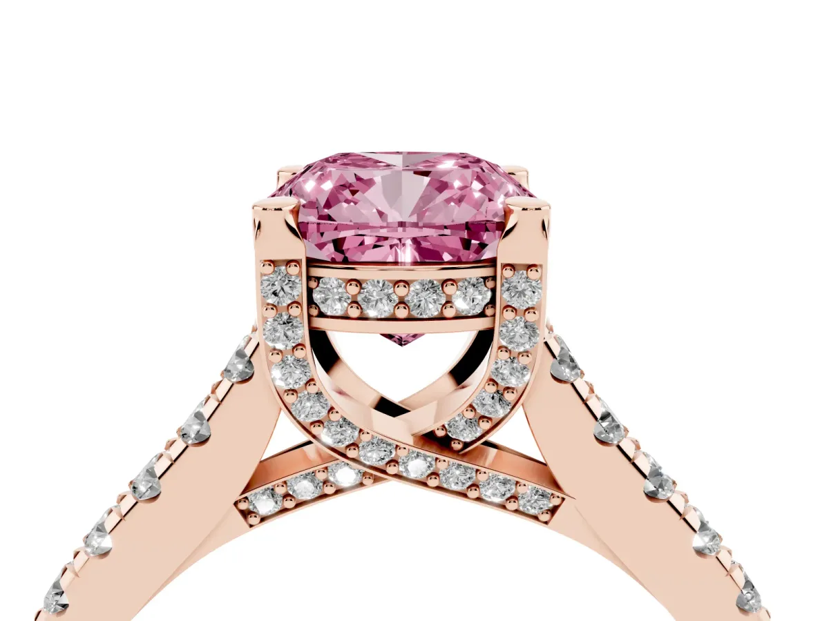 Fancy Pink Cushion Cut Brilliant Diamond Solitaire with Pavé Band and Four-Prong Setting Rose gold