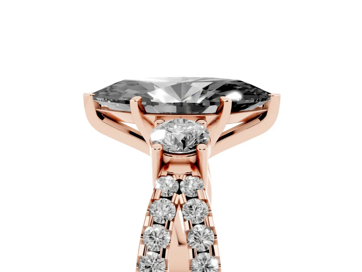 Fancy Black Marquise Cut Diamond Three-Stone Ring with Pavé Split Shank and Four-Prong Setting Rose gold