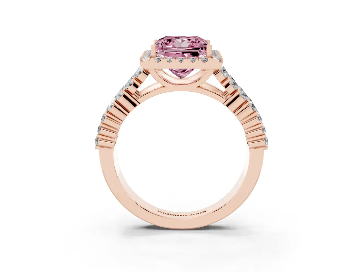 Fancy Pink Princess Cut Diamond Halo Engagement Ring with Triple Row Round Pavé Band and Prong Setting Rose gold