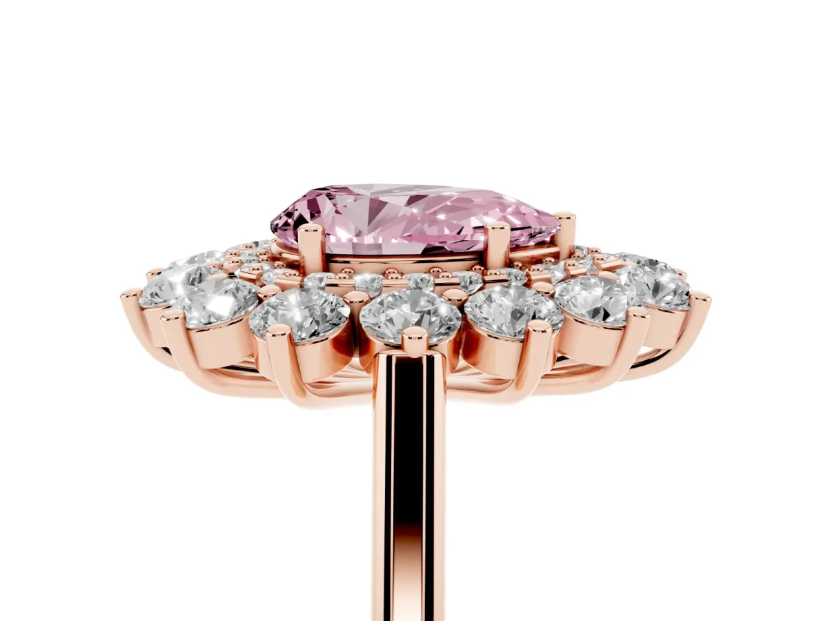 Fancy Pink Pear Cut Diamond Floral Double Halo Engagement Ring with Prong Setting Rose gold