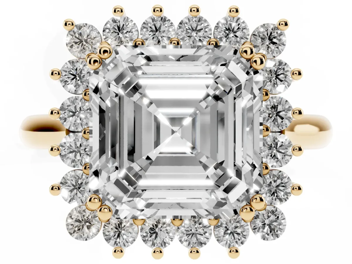 Asscher Cut Cut Diamond Halo Ring with Solitaire Band and Prong Setting Yellow gold