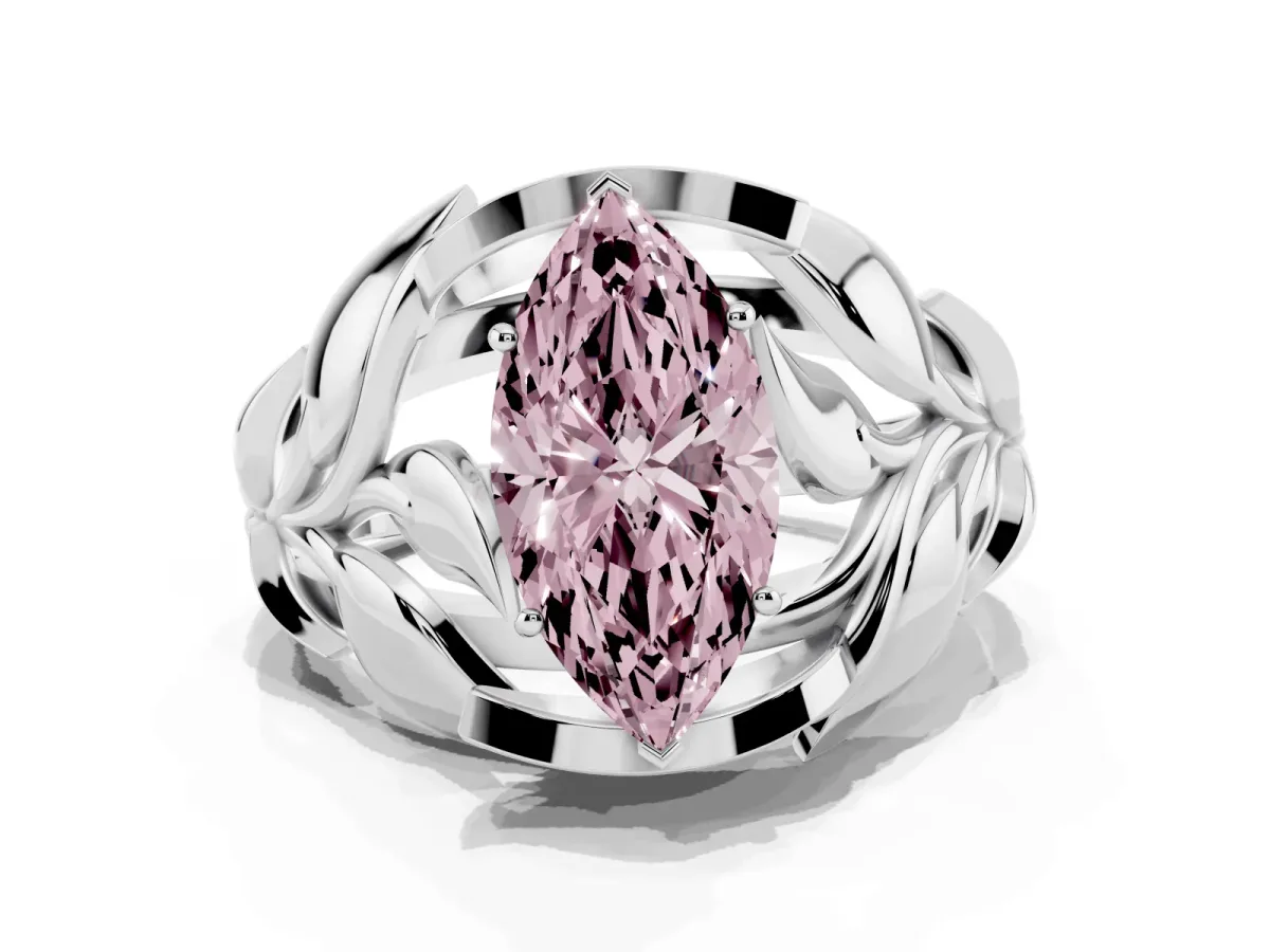 Fancy Pink Marquise Cut Diamond Leaf-Inspired Engagement Ring with Round Accents and Prong Setting Silver