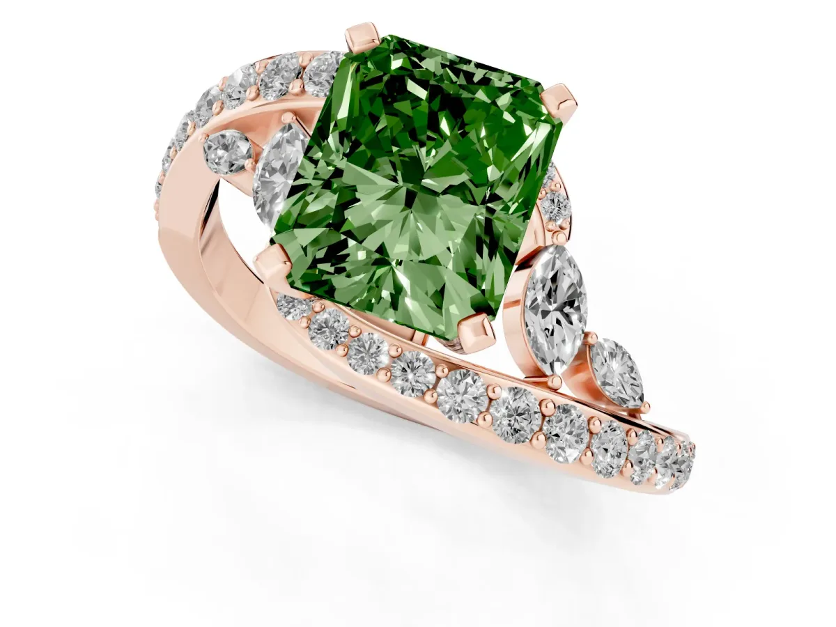 Fancy Green Radiant Cut Solitaire with Pavé Twist Band and Four-Prong Setting Rose gold