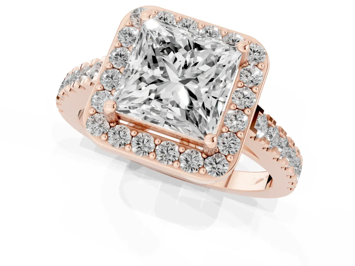 Princess Cut Diamond Halo Ring with Round Pavé Split Shank and Prong Setting Rose gold