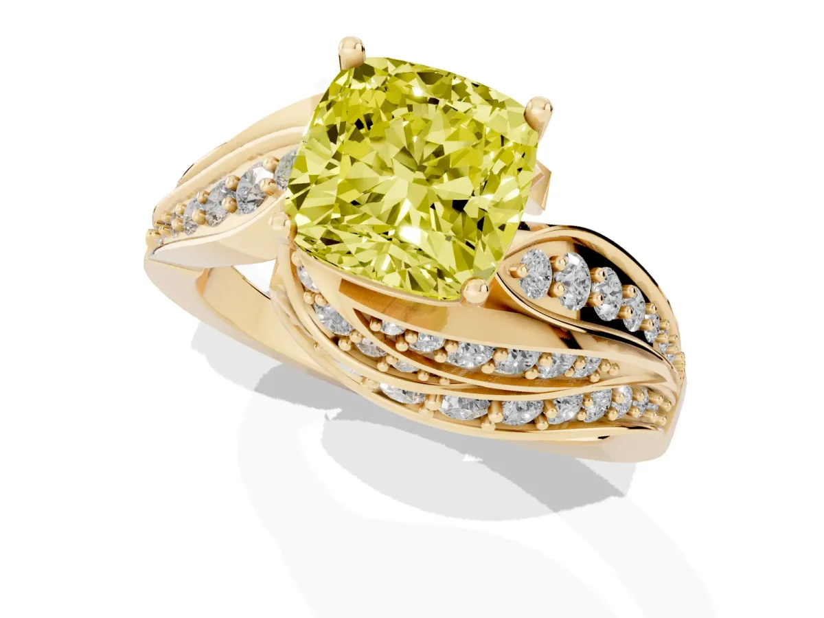 Fancy Yellow Cushion Cut Diamond Solitaire Ring with Prong Setting and Twisted Pavé Band Yellow gold