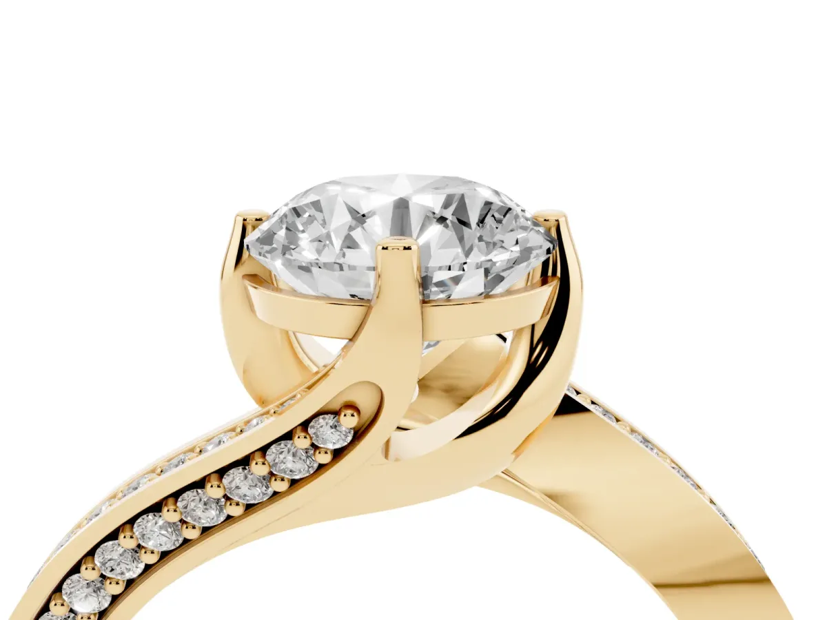 Round Cut Solitaire Diamond Twist Band with Pavé Setting and Four-Prong Setting Yellow gold