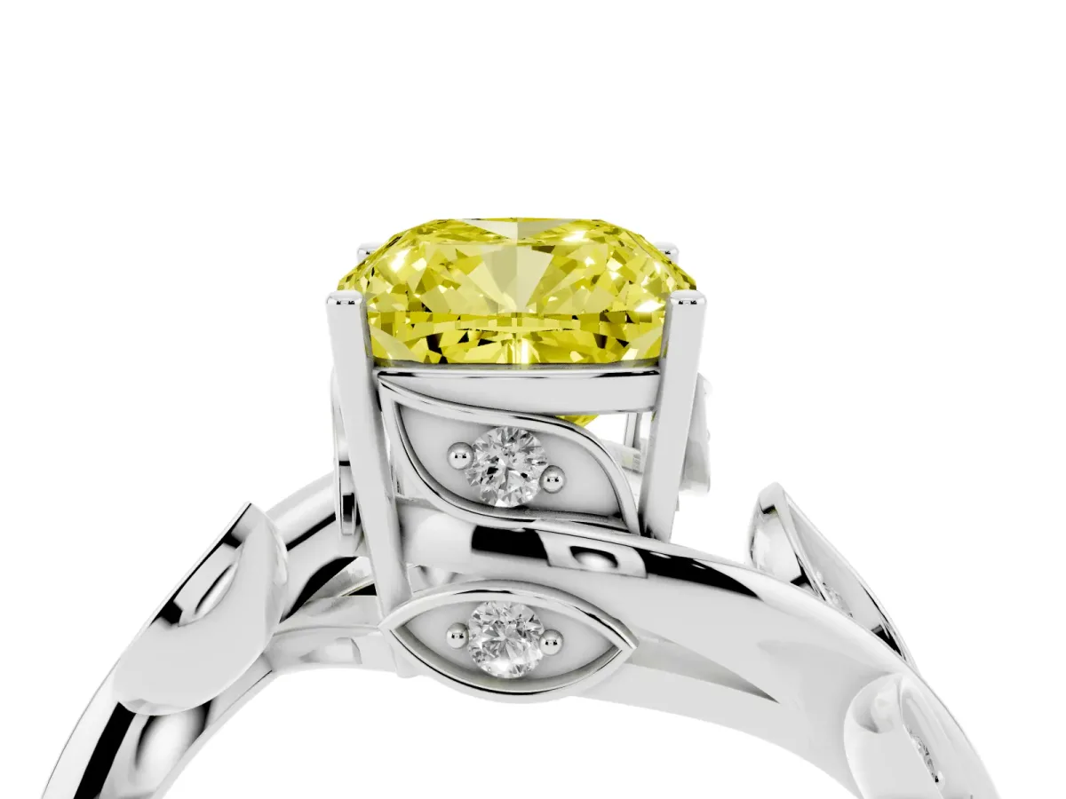 Fancy Yellow Cushion Cut Solitaire Twist Engagement Ring with Leaf Accents and Prong Setting Platinum