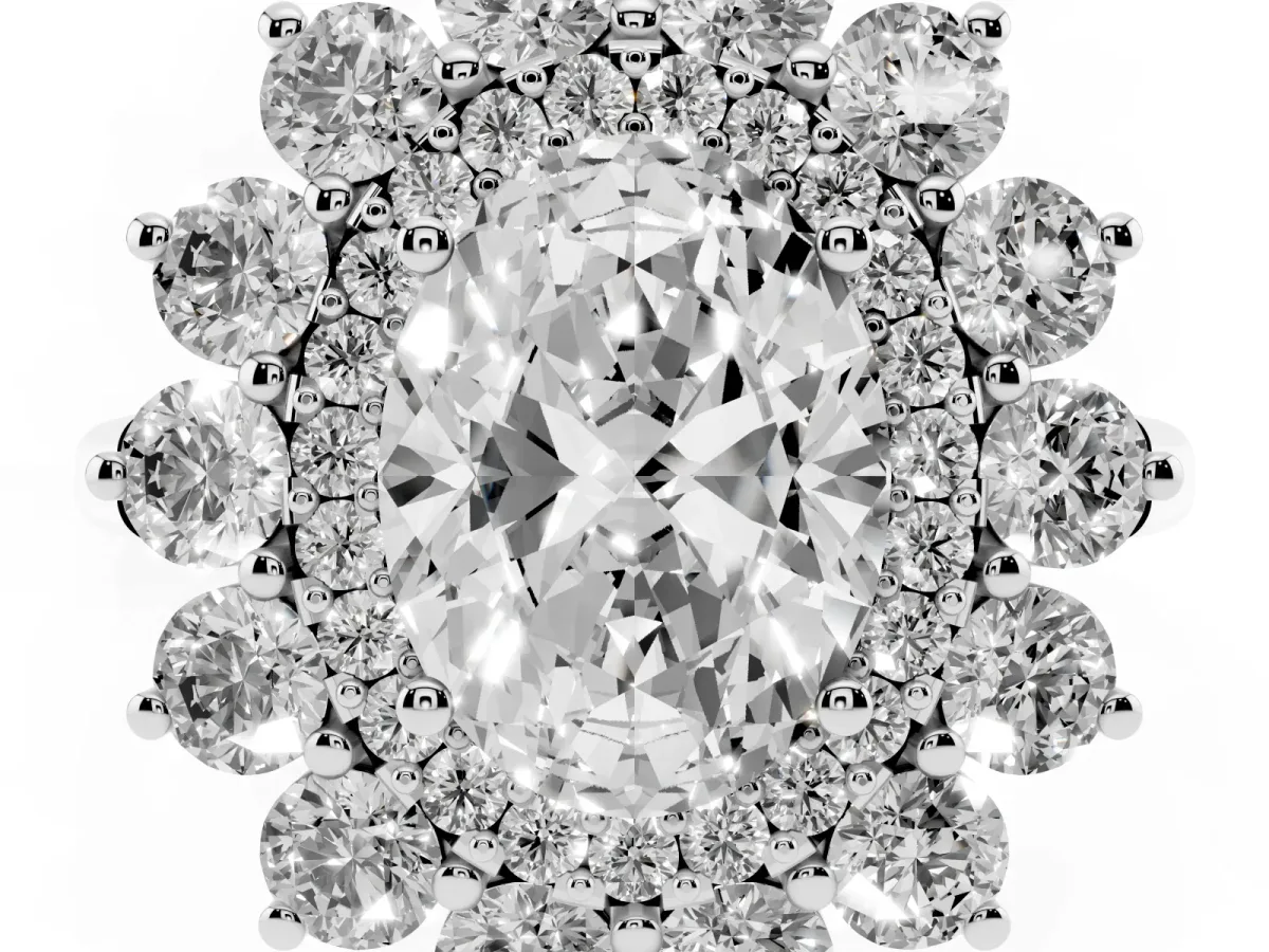 Oval Cut Diamond Floral Double Halo Engagement Ring with Prong Setting Silver