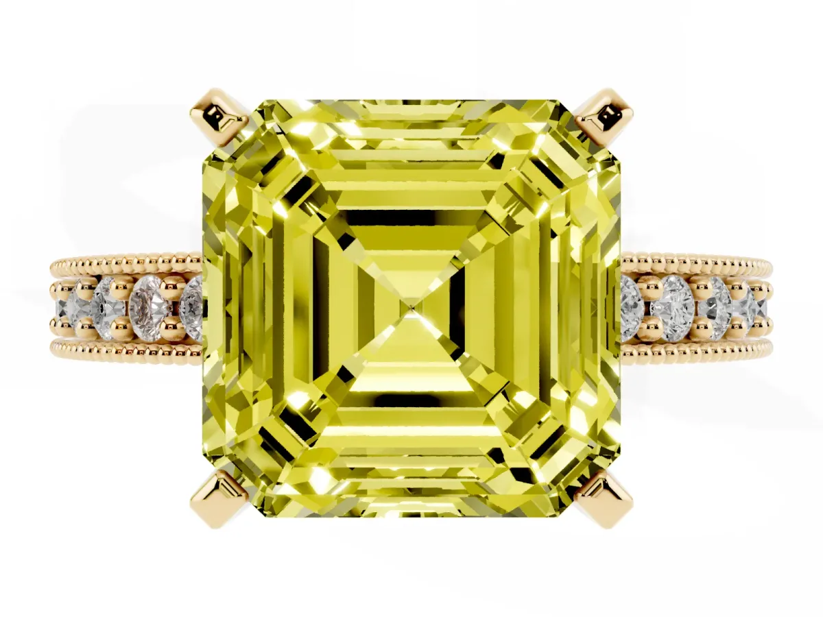 Fancy Yellow Asscher Cut Diamond Milgrain Pavé Engagement Ring with Four-Prong Setting Yellow gold