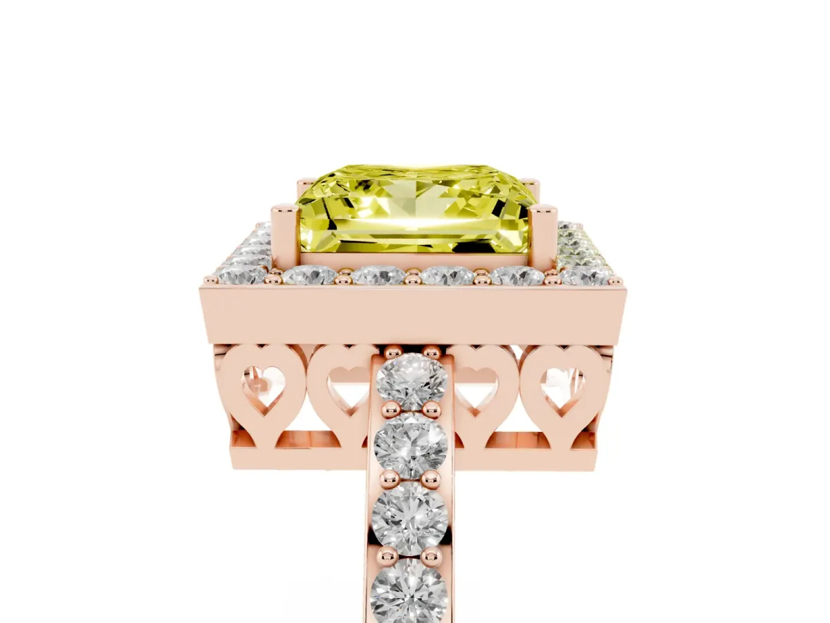 Fancy Yellow Princess Cut Halo Diamond Pavé Band Ring with Prong Setting Rose gold