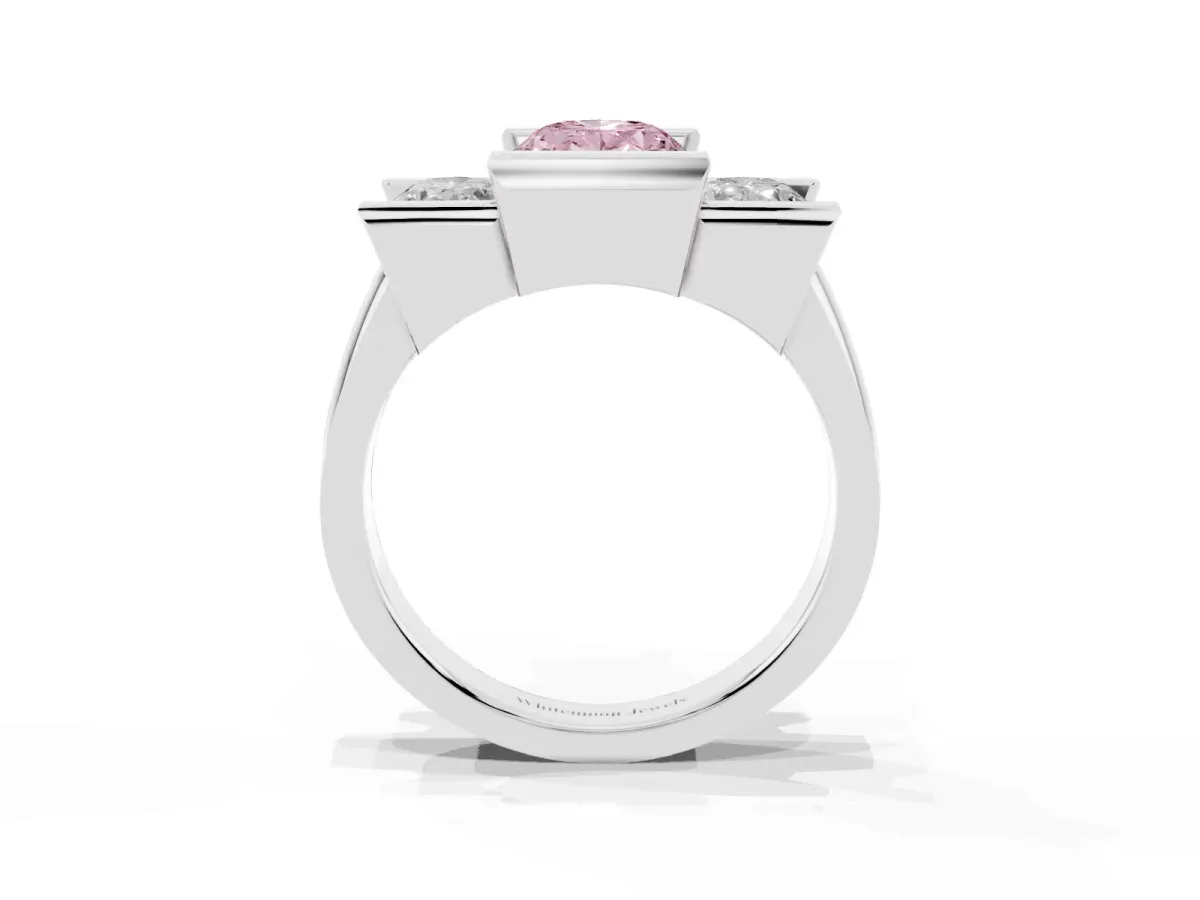Fancy Pink Three Stone Oval Cut Cut Channel Set Diamond Ring Platinum