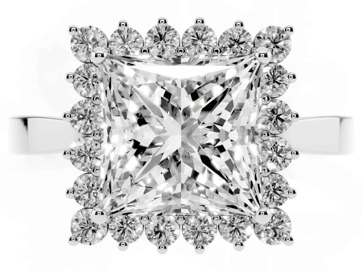 Princess Cut Cut Diamond Halo Ring with Round Brilliant Halo and Solitaire Band Platinum