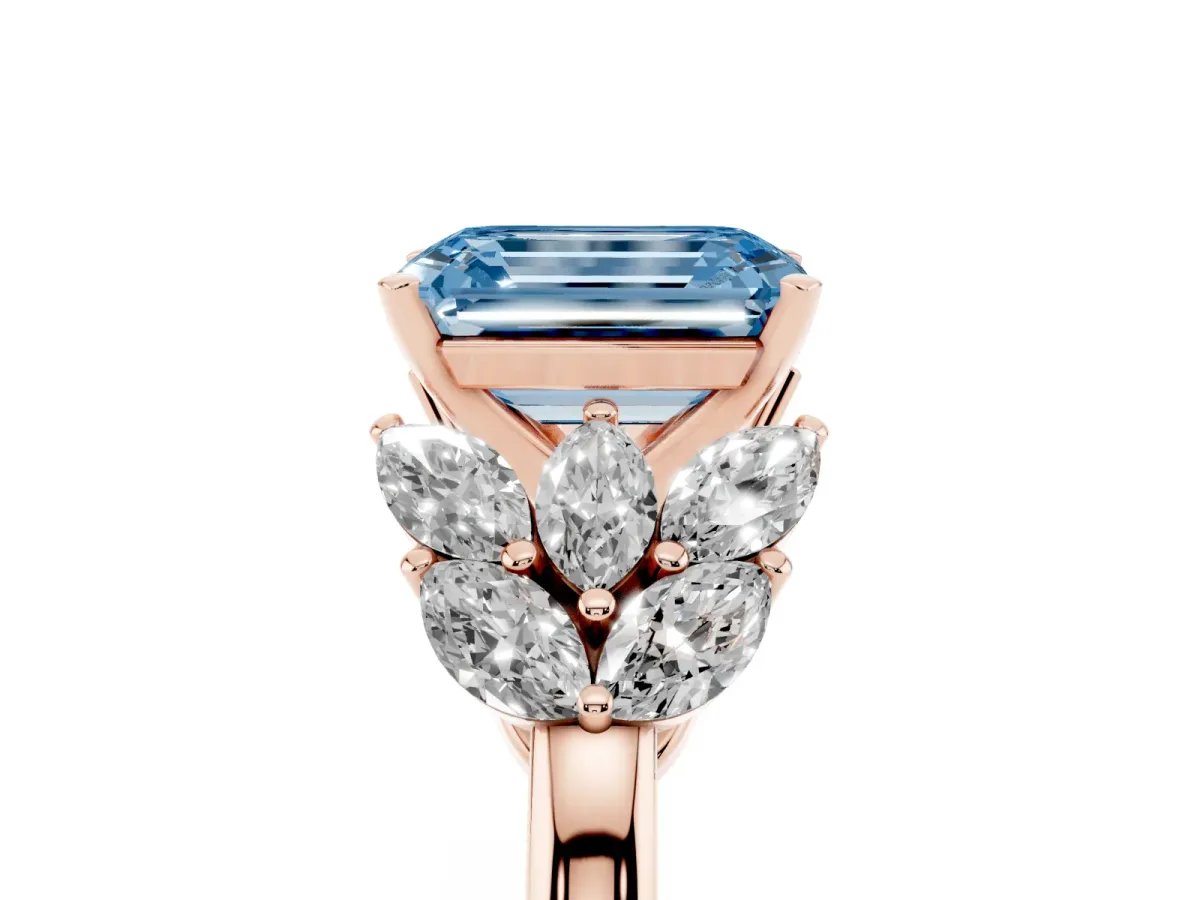 Fancy Blue Emerald Cut Diamond Cluster Leaf Design Ring with Prong Setting Rose gold